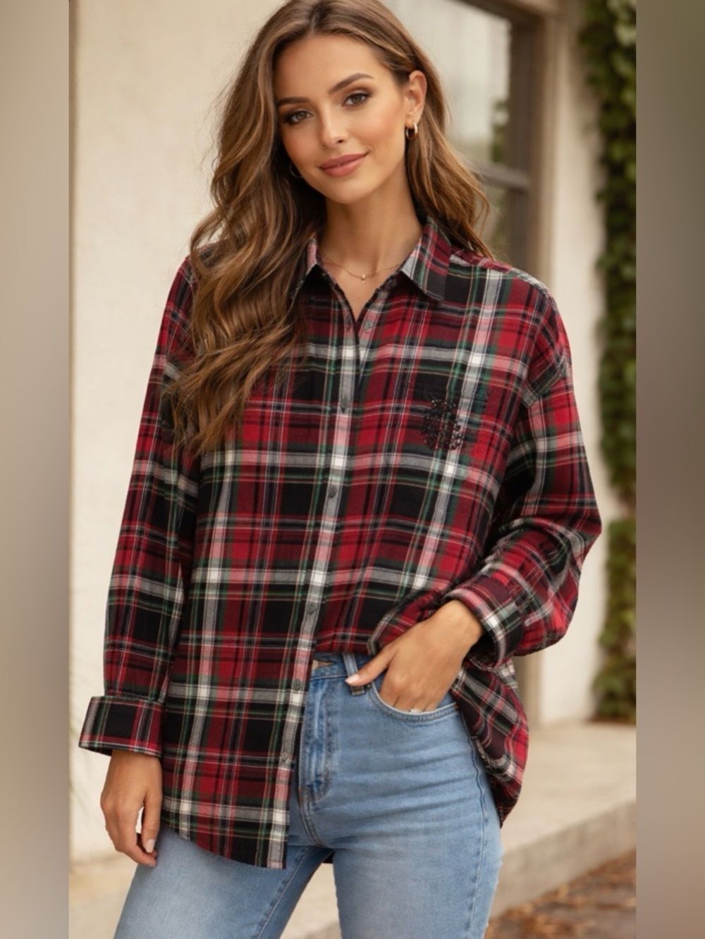 Ralph Lauren Red Plaid Embellished Plaid Tunic Size  Large